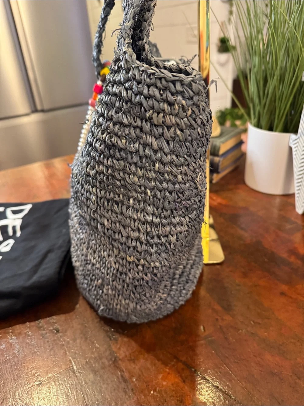 Kurt Geiger Gray Crocheted Raffia Hobo Bag with Beaded Charm
